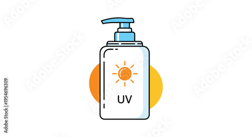 Sunscreen pump bottle with UV protection label and sun illustration on white background for skin care and sun safety concepts.