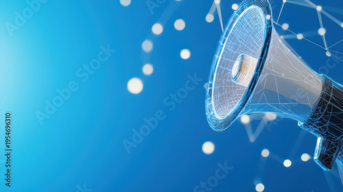 Glowing low poly megaphone emits sound waves, symbolizing communication and technology in digital world