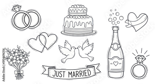 Wedding icons: rings, cake, champagne, doves, hearts, bouquet, banner