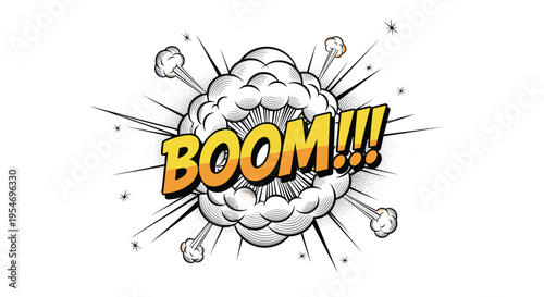Colorful comic book style explosion with the word boom in bold yellow letters surrounded by smoke and dynamic action lines.