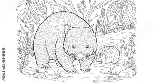 Wombat Coloring Page: Cute Australian Marsupial in Natural Habitat