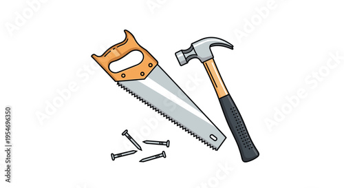 Hand saw and hammer lying next to a small pile of nails on a white surface for construction and home improvement projects.