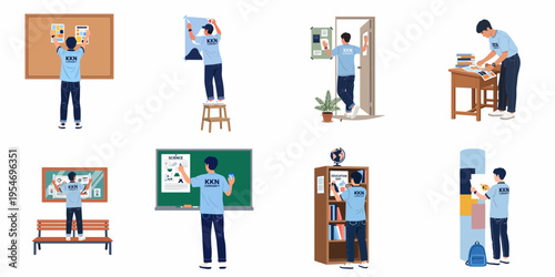 Illustration set of a male student volunteer performing various tasks like hanging posters, pinning notices, and organizing materials in a school setting.