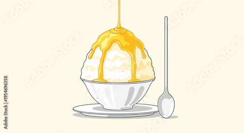 Delicious bowl of shaved ice dessert topped with thick yellow mango syrup being poured over the fluffy white ice mountain.