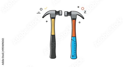 Pair of traditional hammers facing inward with one featuring a black grip and the other a bright blue handle on a white base.