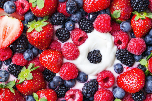 Fresh strawberries, raspberries, blackberries, and blueberries surround creamy yogurt, creating vibrant and healthy dessert