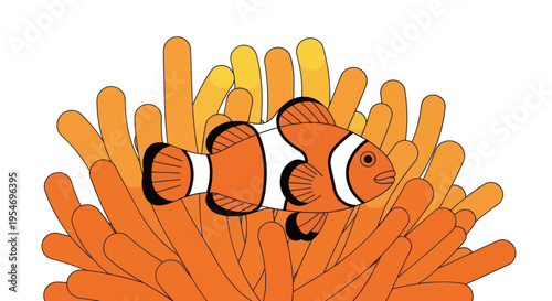 Clownfish Nestled in Vibrant Orange Sea Anemone, Underwater Coral Reef Life