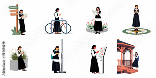 Flat vector illustrations of a female student navigating a college campus using maps, smartphones, and information kiosks in various outdoor settings.