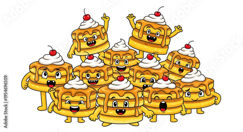Happy Cartoon Pancakes Stacked Together with Whipped Cream and Cherry