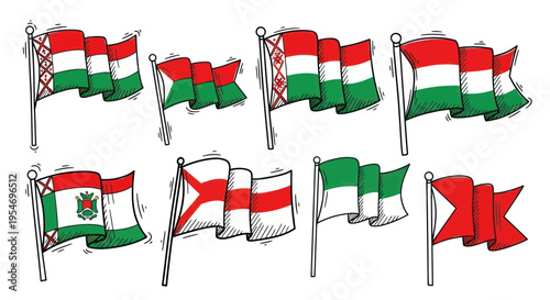 Hand-drawn national flags fluttering on poles, vector illustration