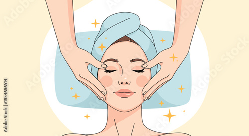 Beautiful young woman receiving a relaxing facial massage at a spa with sparkling stars highlighting the beauty treatment.