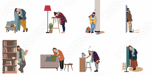 Illustration set of exhausted people sleeping in various leaning and standing positions, depicting fatigue and burnout.