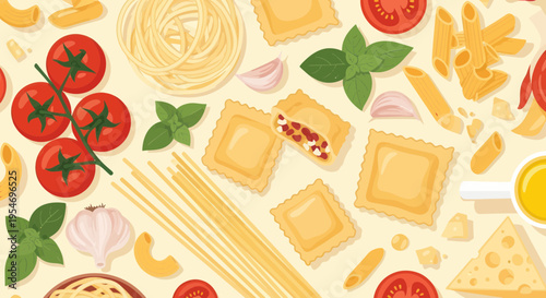 Italian Food Ingredients: Pasta, Ravioli, Tomatoes, Basil, Garlic, Olive Oil