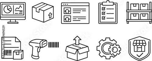 Logistics and supply chain icons representing shipping, inventory, and e-commerce operations