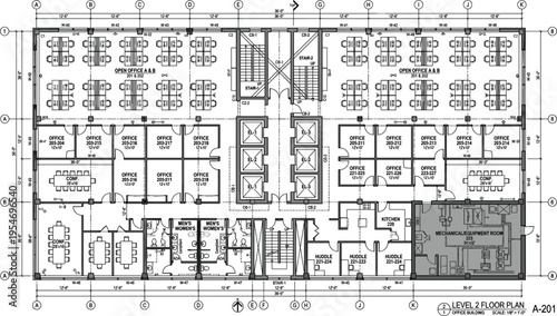 Professional commercial office building floor plan vector showing open workspace private offices elevator core and mechanical room.