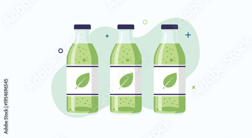 Three identical bottles of fresh green healthy juice with leaf labels and decorative icons for nutrition and wellness topics.