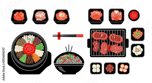 Korean Food Assortment: Bibimbap, Kimchi, Bulgogi Grill, Noodles