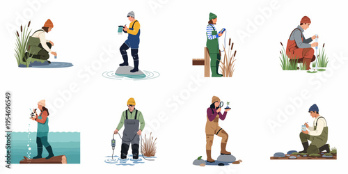 A collection of vector illustrations featuring environmental scientists and ecologists conducting water quality tests and biological research in various aquatic ecosystems.