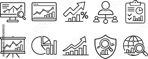 Collection of business analytics and data visualization icons for digital presentations