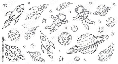 Outer Space Adventure: Astronauts, Rockets, Planets, Stars, and Comets - Hand-Drawn Illustration