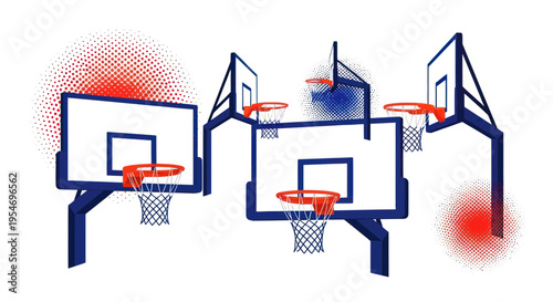 Multiple basketball hoops and backboards with red and blue abstract elements