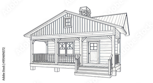 Rustic Cabin Sketch: Charming Wood House with Porch and Chimney
