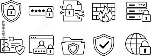 Collection of cybersecurity and data protection icons for digital security concepts
