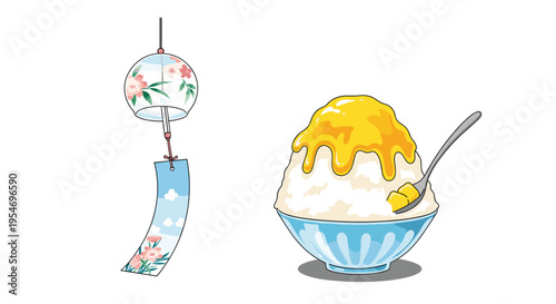 Traditional Japanese glass wind chime with flower patterns hanging next to a bowl of shaved ice for summer season vibes.