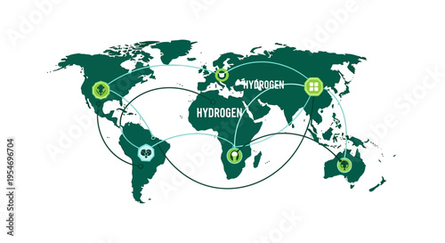 Global map illustrating the interconnectedness of hydrogen energy production and distribution networks across continents.