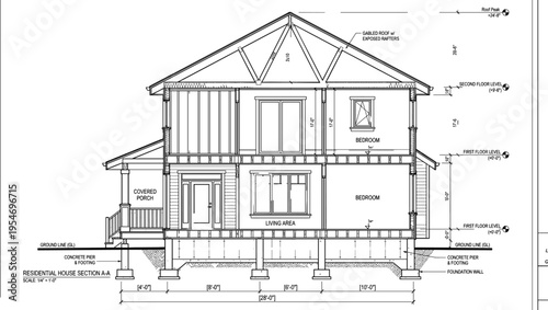 Residential house section technical drawing vector illustration showing interior rooms foundation floors and roof construction architectural blueprint.