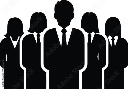 Group of business people silhouettes in formal attire with a silhouette of