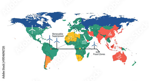 Global map illustrating renewable energy potential and fossil fuel reliance across continents, highlighting regions as renewable superpowers and fossil fuel zones.