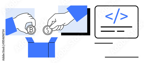 Blockchain, cryptocurrency transactions, donation platforms, fintech, digital economy, online coding. Hands inserting Bitcoin and dollar coins into a box, coding symbol displayed. Blockchain