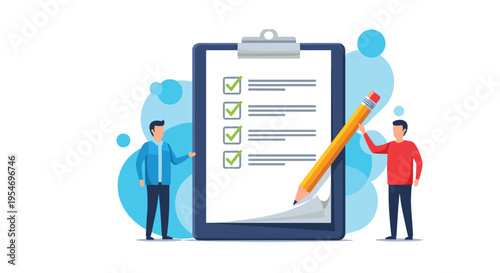 Two business people standing next to a giant clipboard with a checklist and a large pencil for project management tasks.