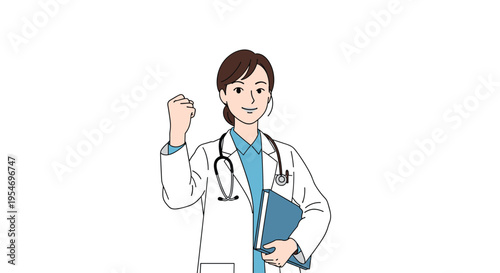 Confident young female doctor wearing a white lab coat raises her fist in a motivational gesture while holding a blue patient medical file.