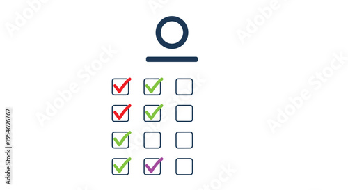 Abstract checklist icon features various colored checkmarks in boxes with a stylized human head symbol placed above a horizontal separator line.