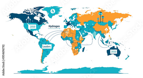Global map illustrating countries leading in hydrogen production and adoption, with a focus on 2050 projections and key regions.