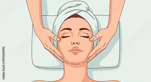 Calm young woman with eyes closed receives a professional facial massage from a therapist with her hair wrapped in a clean white towel.