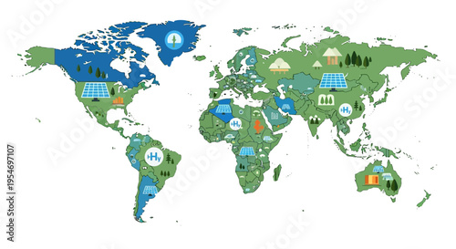 Global map illustrating diverse renewable energy sources and their geographical distribution across continents and countries.
