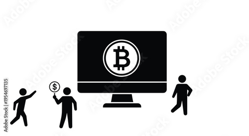 Silhouette icons depict people interacting with a large computer monitor displaying a Bitcoin symbol for digital currency trading concepts.
