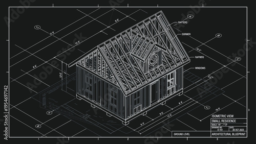 Small residence architectural blueprint with isometric 3D house wireframe structural framing roof truss system and rafters