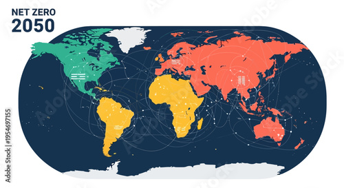 World map illustrating net zero 2050 targets by continent, with distinct color-coding for North America, South America, Africa, Europe, Asia, and Oceania.