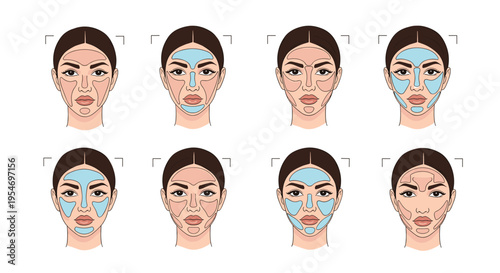 Set of eight female face illustrations demonstrates different patterns and zones for applying facial masks or specialized skincare products.