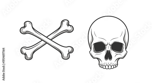 Classic black and white illustration of a human skull placed next to a pair of crossed leg bones in a traditional pirate or warning style.