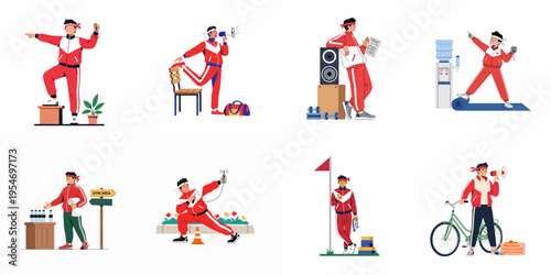 Collection of Fitness Coach Character Illustrations Performing Various Athletic and Training Activities in a Red and White Tracksuit