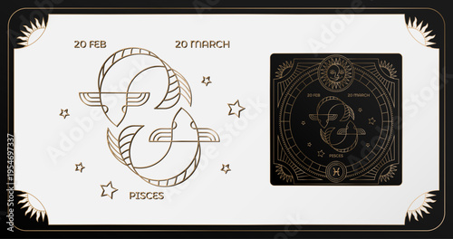 Astrology wheel with zodiac signs on star background. Line art pisces illustration of zodiac signs. 