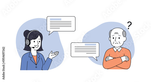 Call center representative providing customer support to a confused elderly man with speech bubbles and question mark icons.