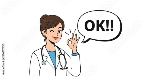 Friendly female doctor in white coat with stethoscope winking and making an okay hand sign with a speech bubble saying OK.