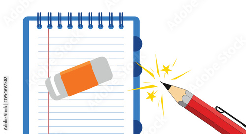 Illustration of a spiral bound notebook with a red pencil and an eraser showing sparks from the lead representing creativity.