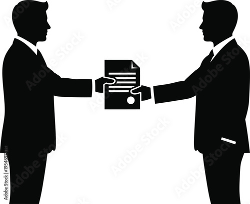 Businessmen exchanging documents silhouette icon with two businessmen in